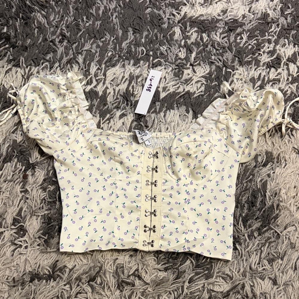 Princess Polly Cream Floral Lace-Up Crop Top
